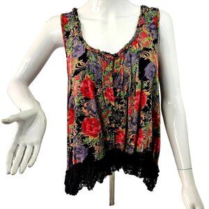 Black Lace Eyelet Flowy Wildflower Sleeveless Top Button Loop Close Women S/M